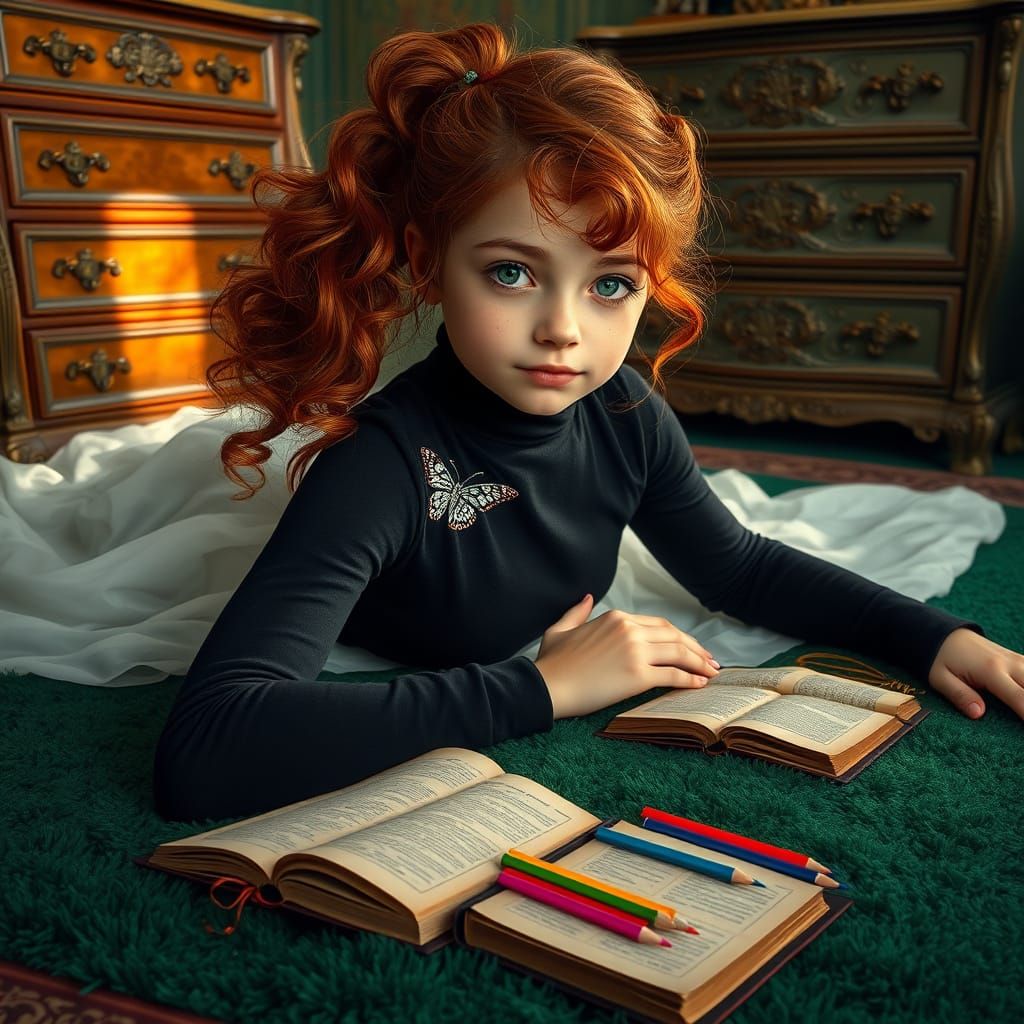 Fantasy Girl in Emerald Green with Vibrant Colors and Whimsi...