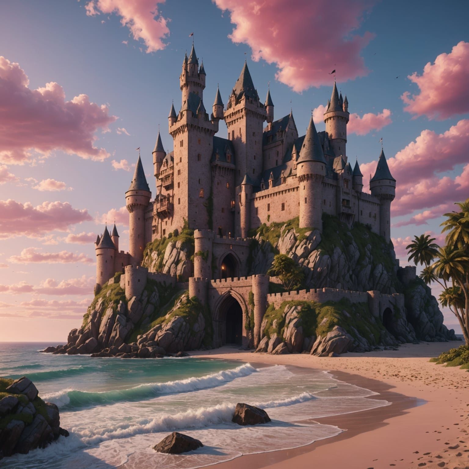 Fantasy Castle by Beach Under Pink Sky