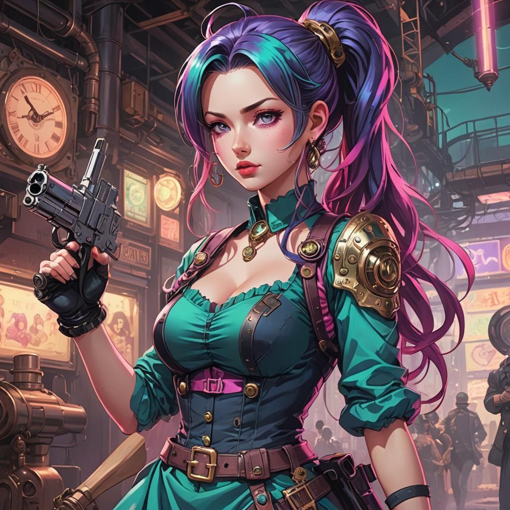 Steampunk Gunslinger with Teal Hair in Cel-Shaded Anime