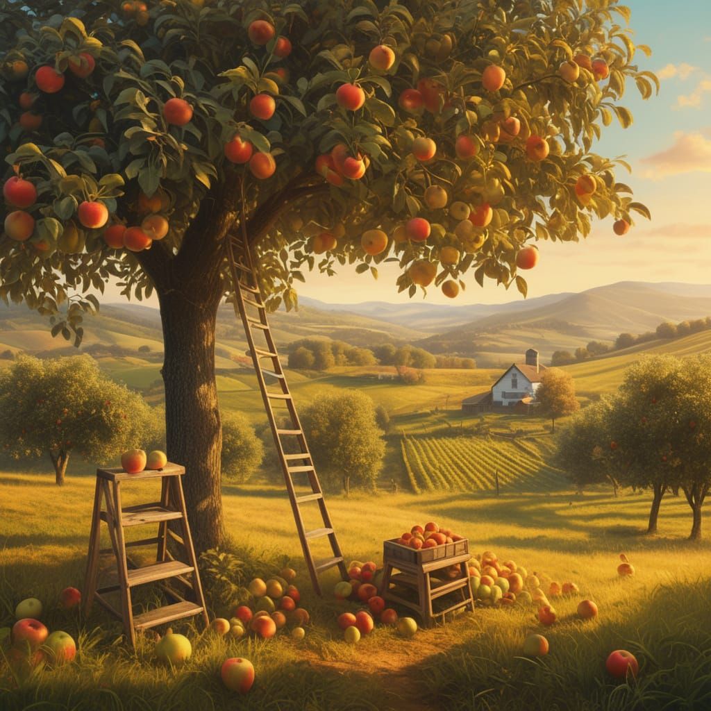 Painterly Orchard with Ripe Apples and Golden Sunlight