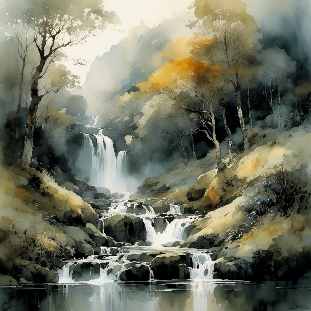 Waterfall in Foggy Valley, Watercolor Painting