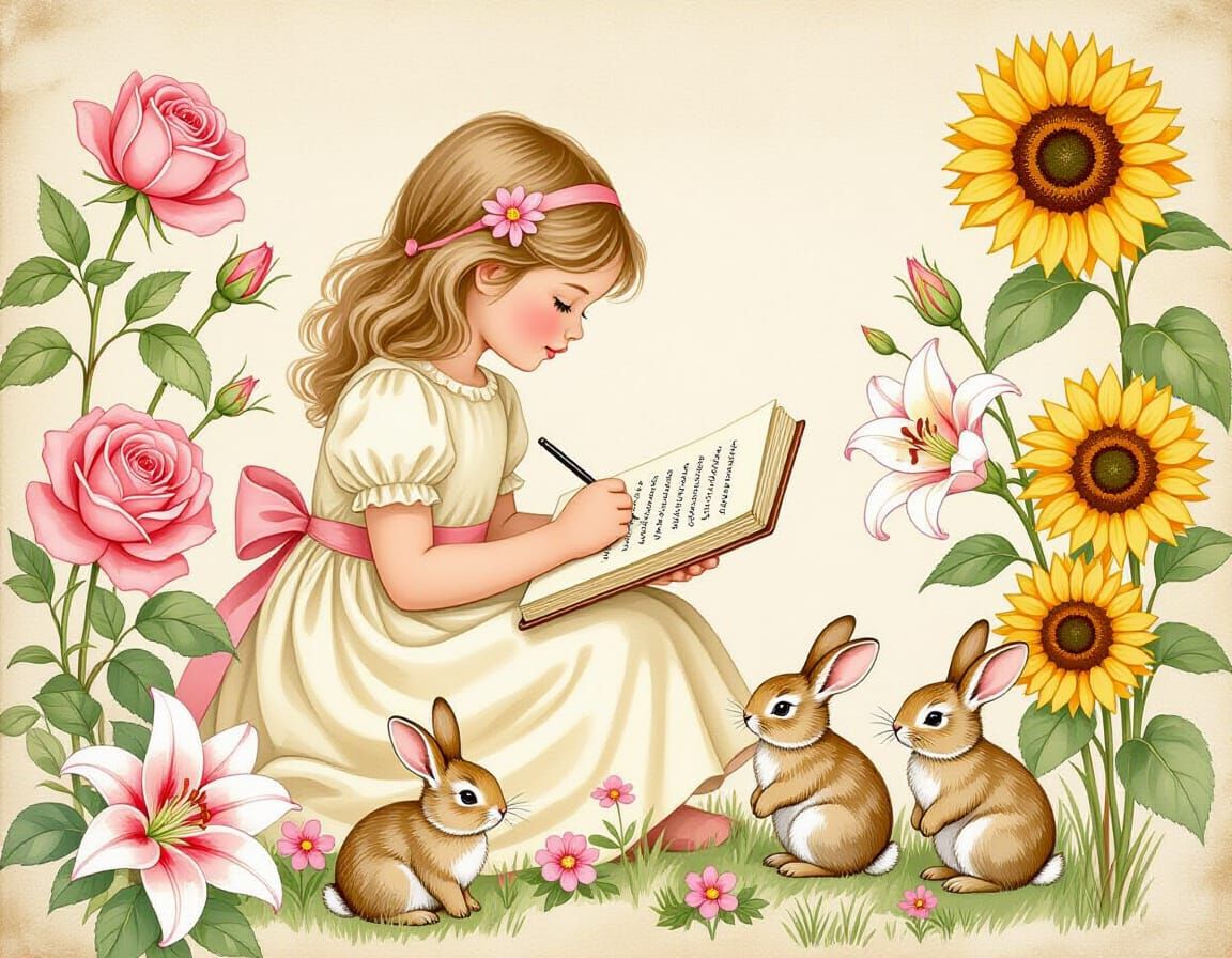 Girl Writing with Bunnies in Watercolor Style