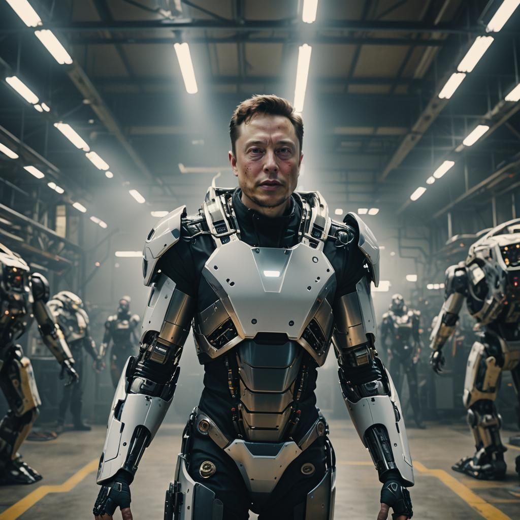 Elon Musk Commands AI Robots: Cinematic Still