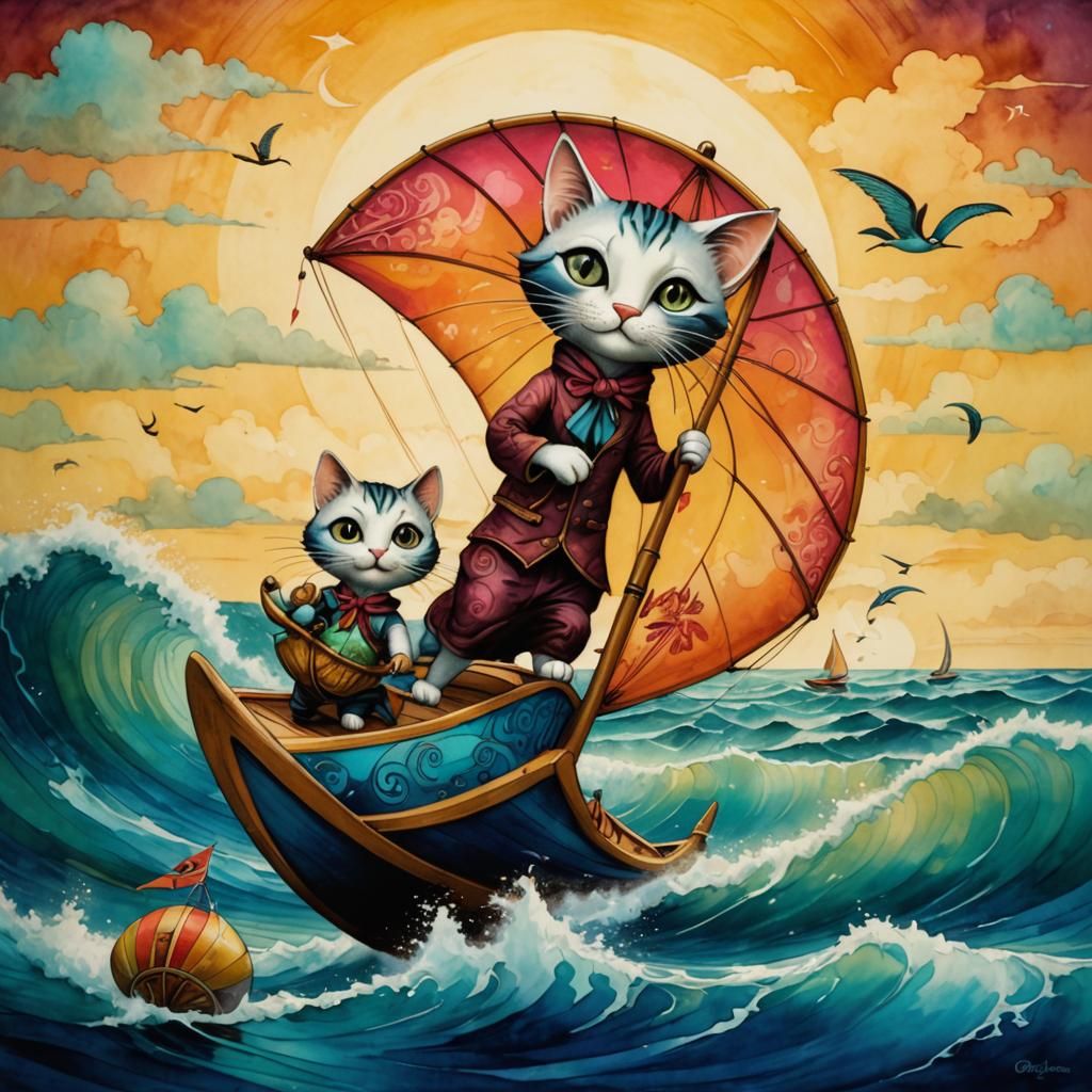 Anthropomorphic Cat Windsurfing in Alcohol Ink Style
