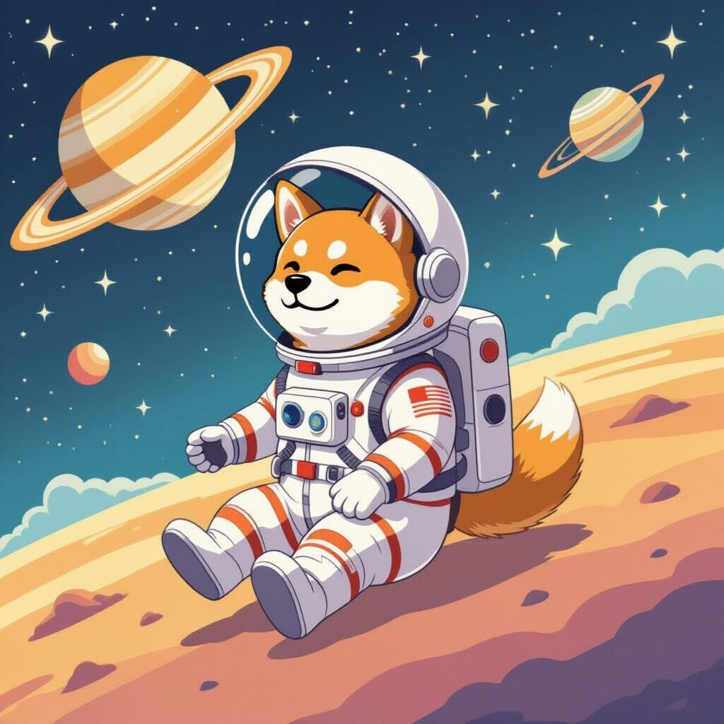 Shiba Inu Astronaut Floats Through Space in Anime Style