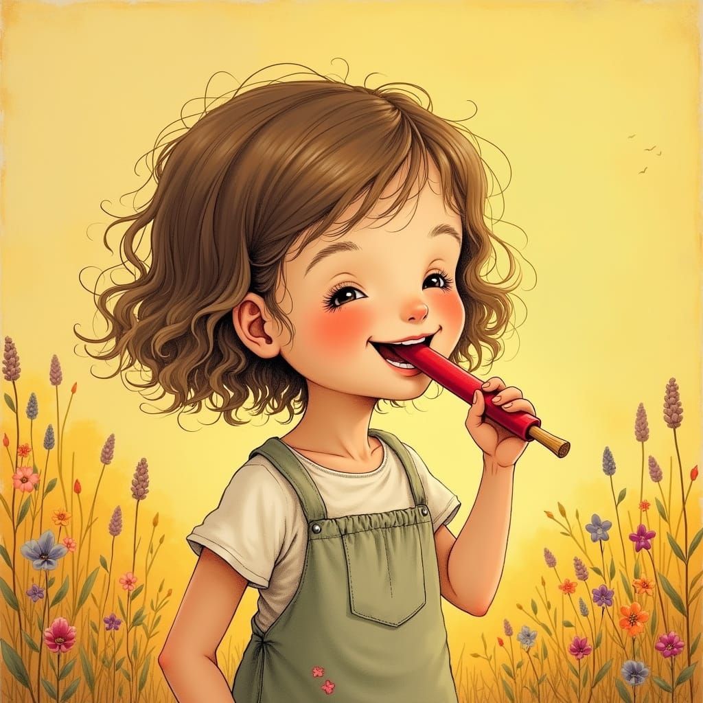 Joyful Girl Savoring Licorice Stick in Whimsical Summer Scen...