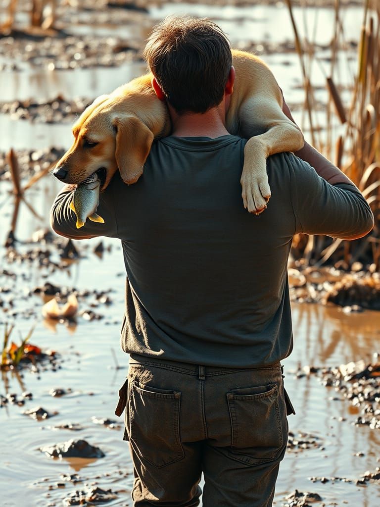 Man and Golden Lab Emerging from Muddy Pond