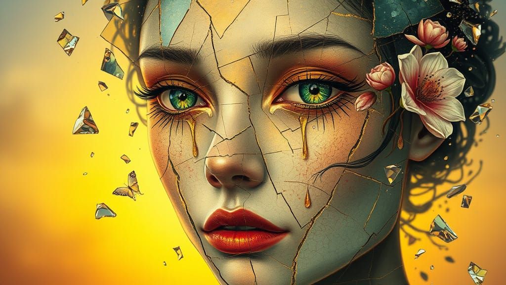 Surreal Portrait of Imperfection and Renewal in Golden Shatt...