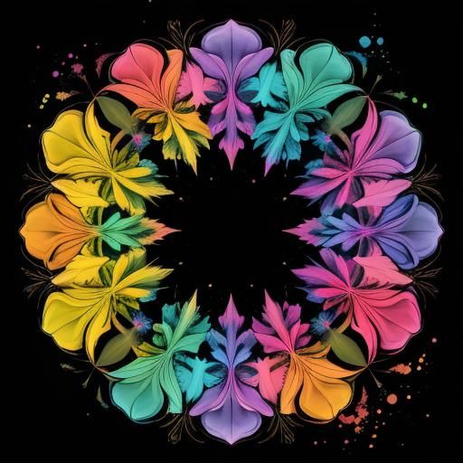 Glowing Crystal Surrounded by Rainbow Flowers in 3D