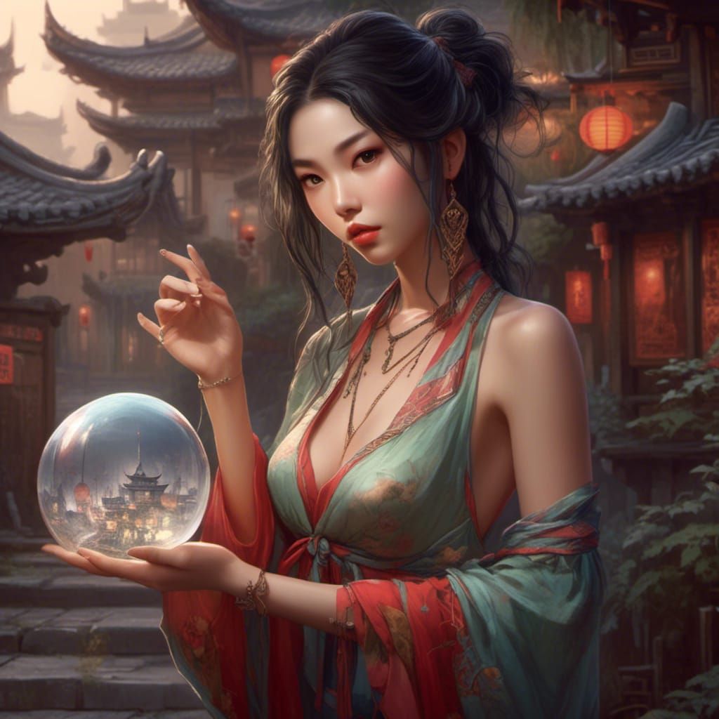Chinese Sorceress Holding Glass Ball with Town