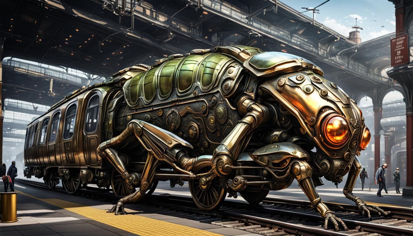 Steampunk Insectoid Train Arrives at Station