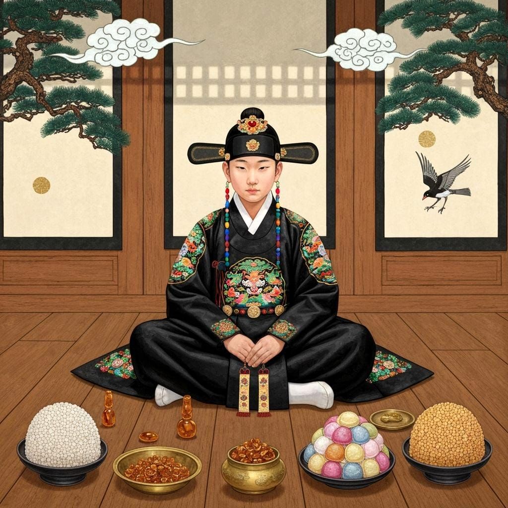 Korean Noble Boy in Traditional Folk Painting Style