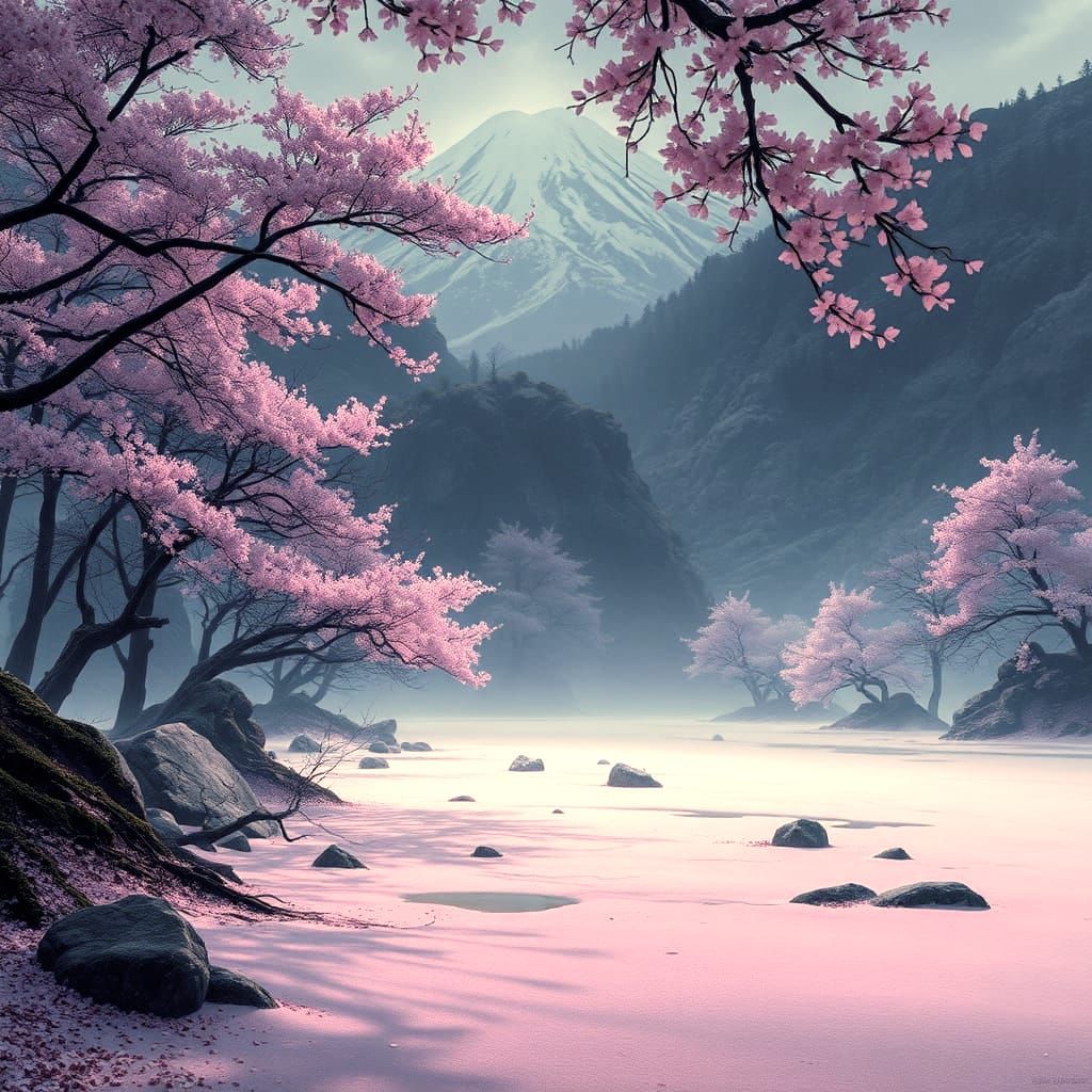 Peacock in Cherry Blossoms, Japanese Landscape