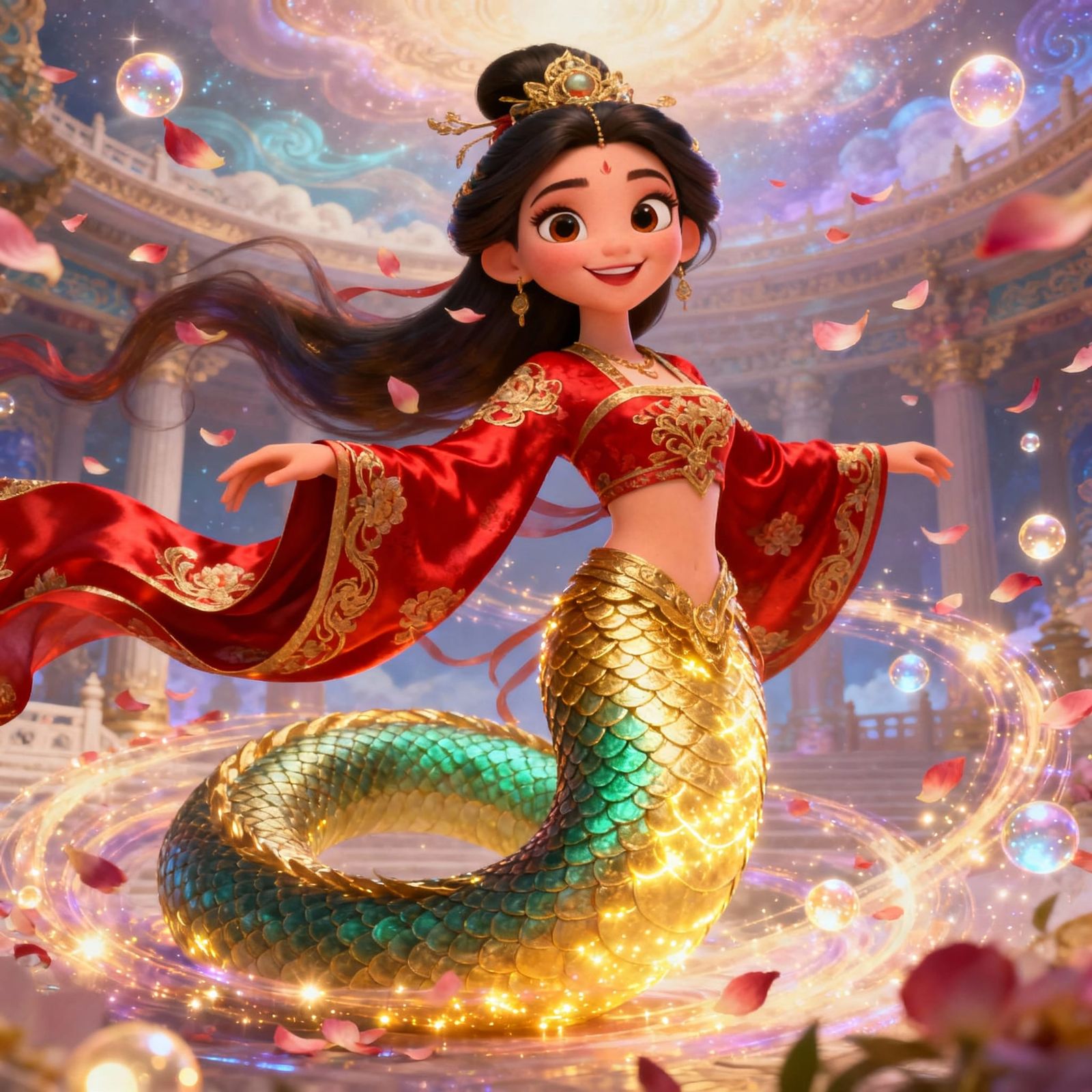 Tang Dynasty Nüwa with Serpent Tail in Disney Pixar Style