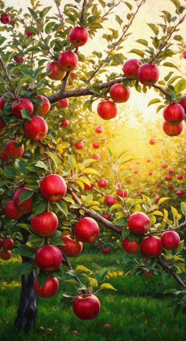 Orchard of Ripe Apples Bathed in Golden Sunlight