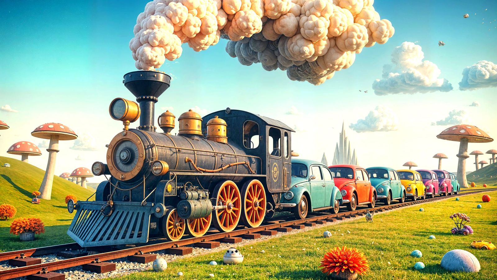 Whimsical Train of VW Beetles in a Surreal Landscape