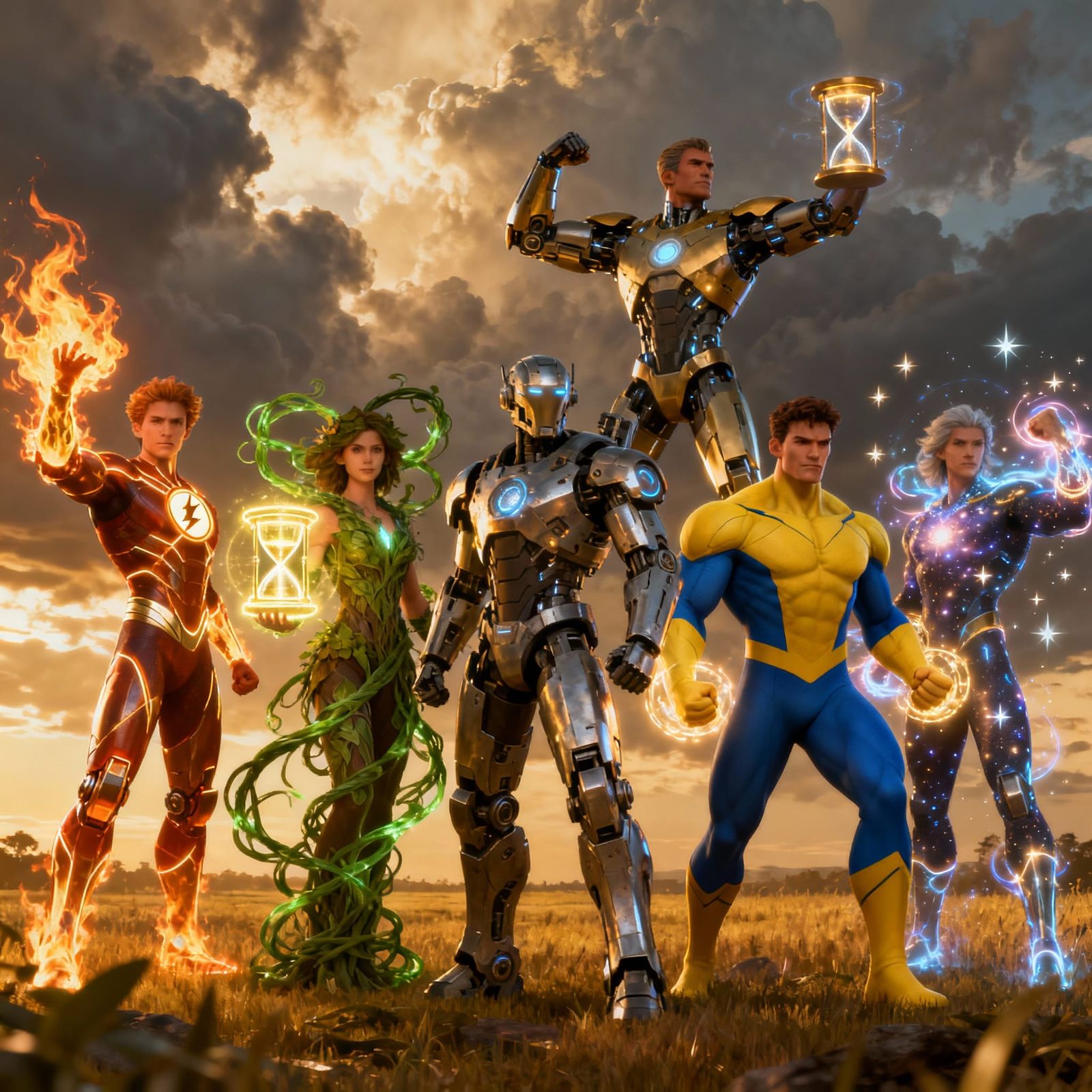 Superhero Team Lineup in Golden Hour Field