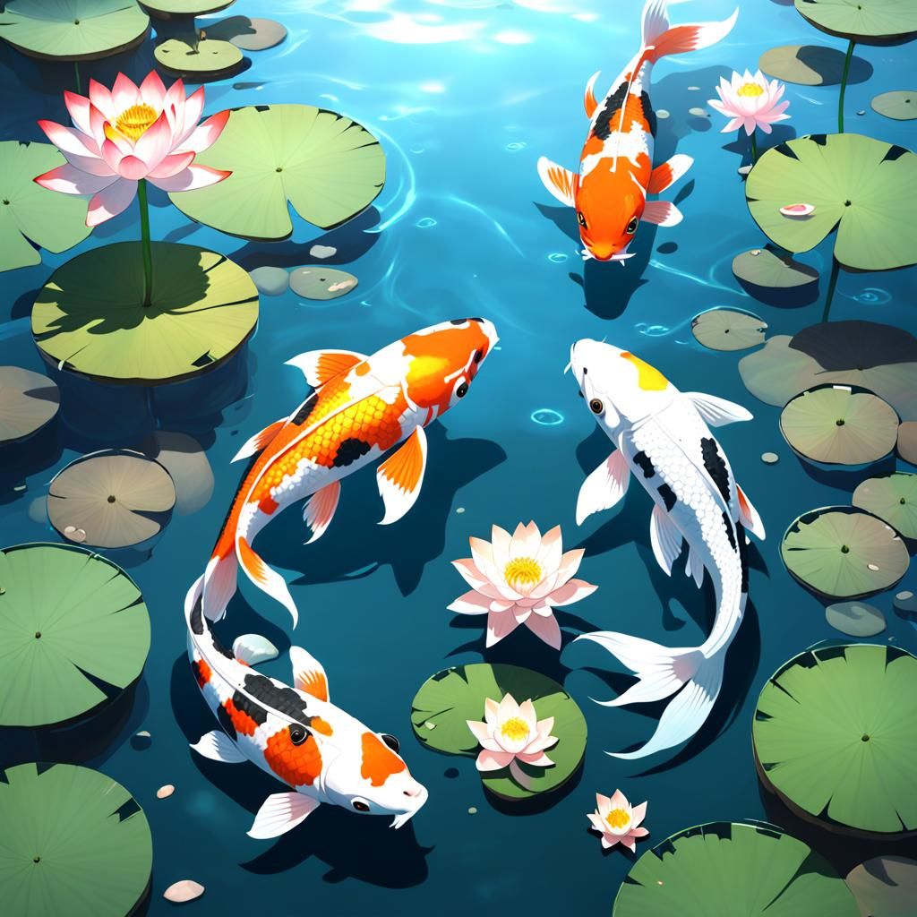 Koi Fish and Lotus in 3D Anime Style