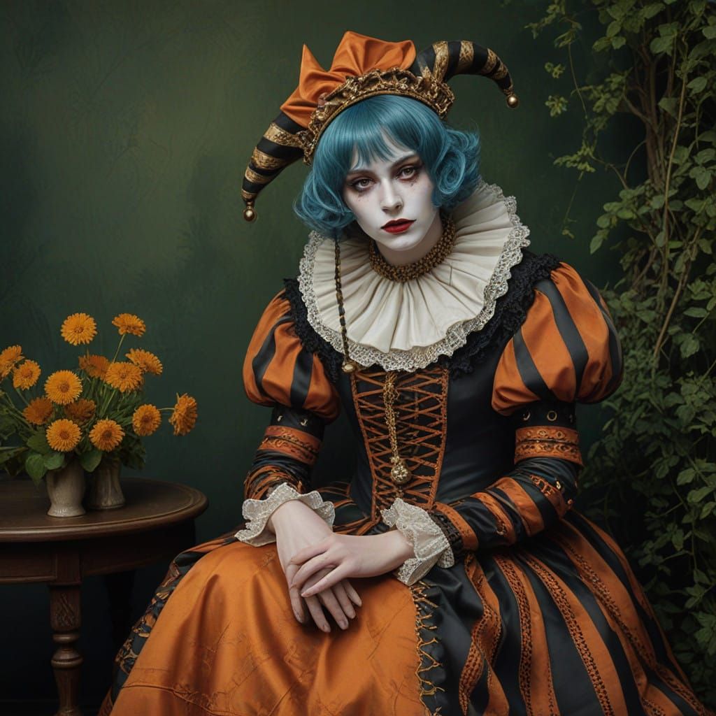 Muted Green Victorian Jester in Pre-Raphaelite Style