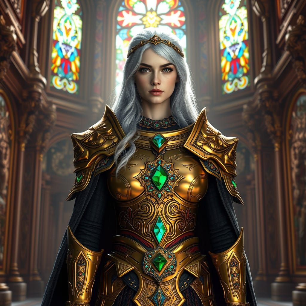 Elynireth in Elegant Temple Chamber, Radiant in Golden Armor