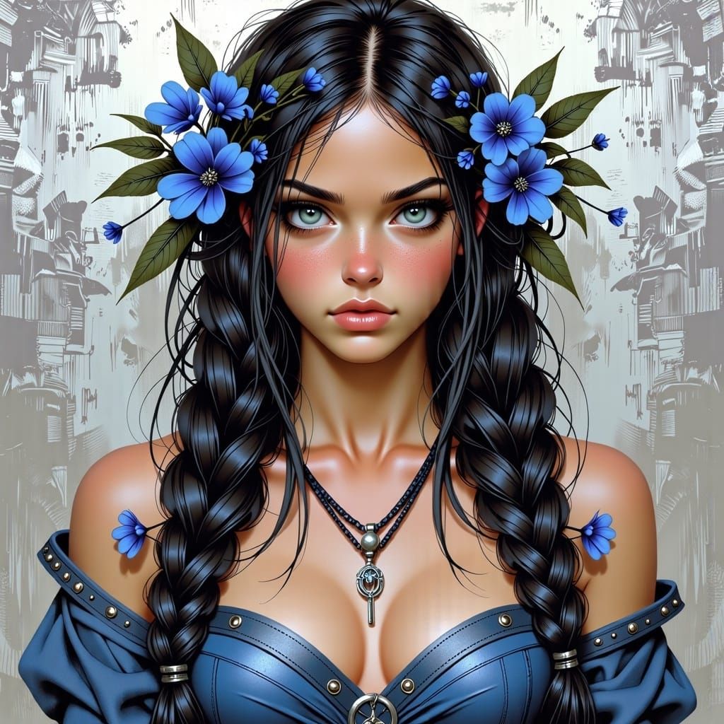 <lora:Wild Beauty:1.0> beautiful woman hair in intricate braid decorated with bluebell flowers wearing small panels of b...