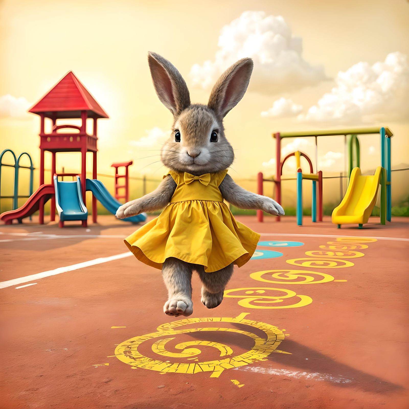 Rabbit Plays Hopscotch on Playground