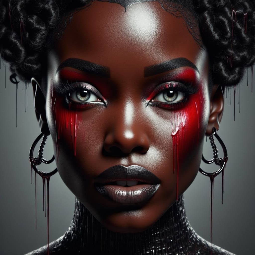 <lora:CyberNoir:1.0> stunning close-up portrait of a confident black woman with a unique face, surrounded by intricate d...