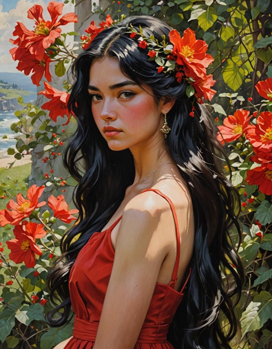 Teenage Girl in Red Dress, Oil Painting