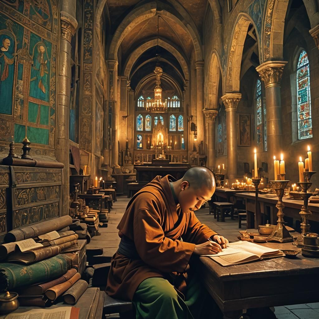 Monk Scribe at Monastery Desk in Matte Painting Style