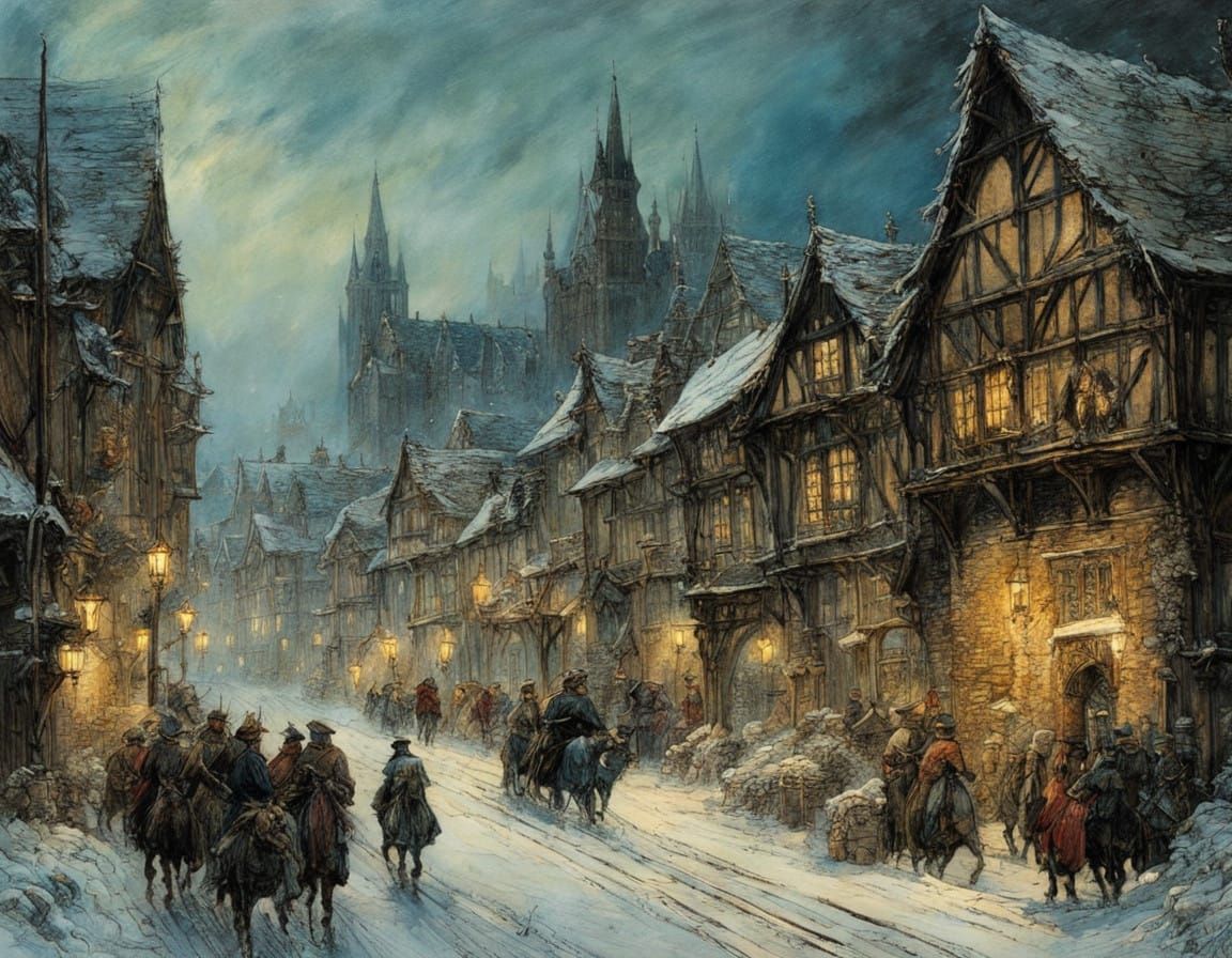Vibrant Medieval Christmas Townscape in Deep Colors