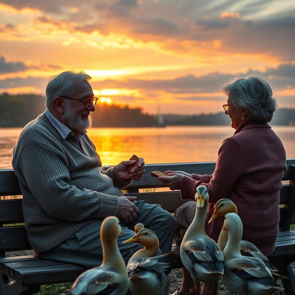 Elderly Couple's Serene Lake Moment in Vibrant Sunset