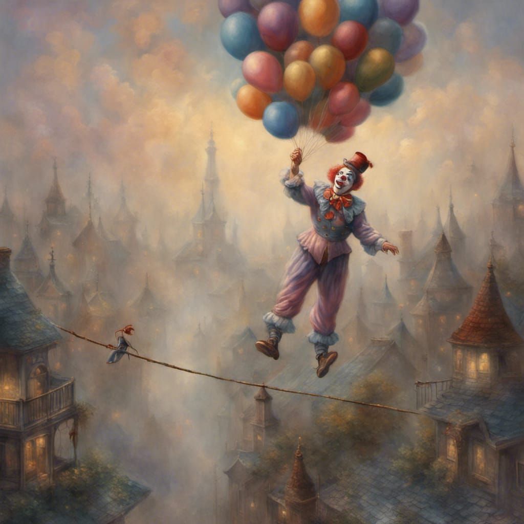 Clown's Ethereal Handstand on Tightrope