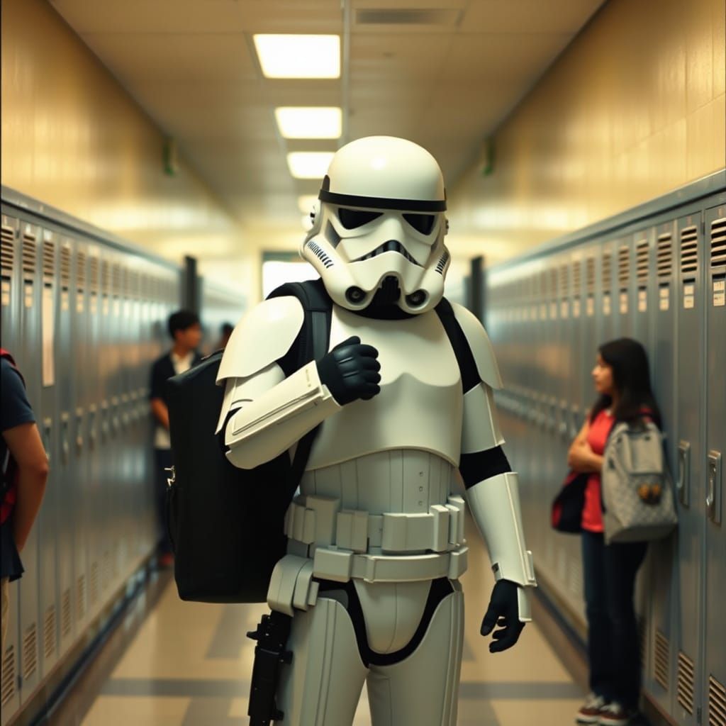 Cinematic Stormtrooper in a School Hallway, Shot on Film