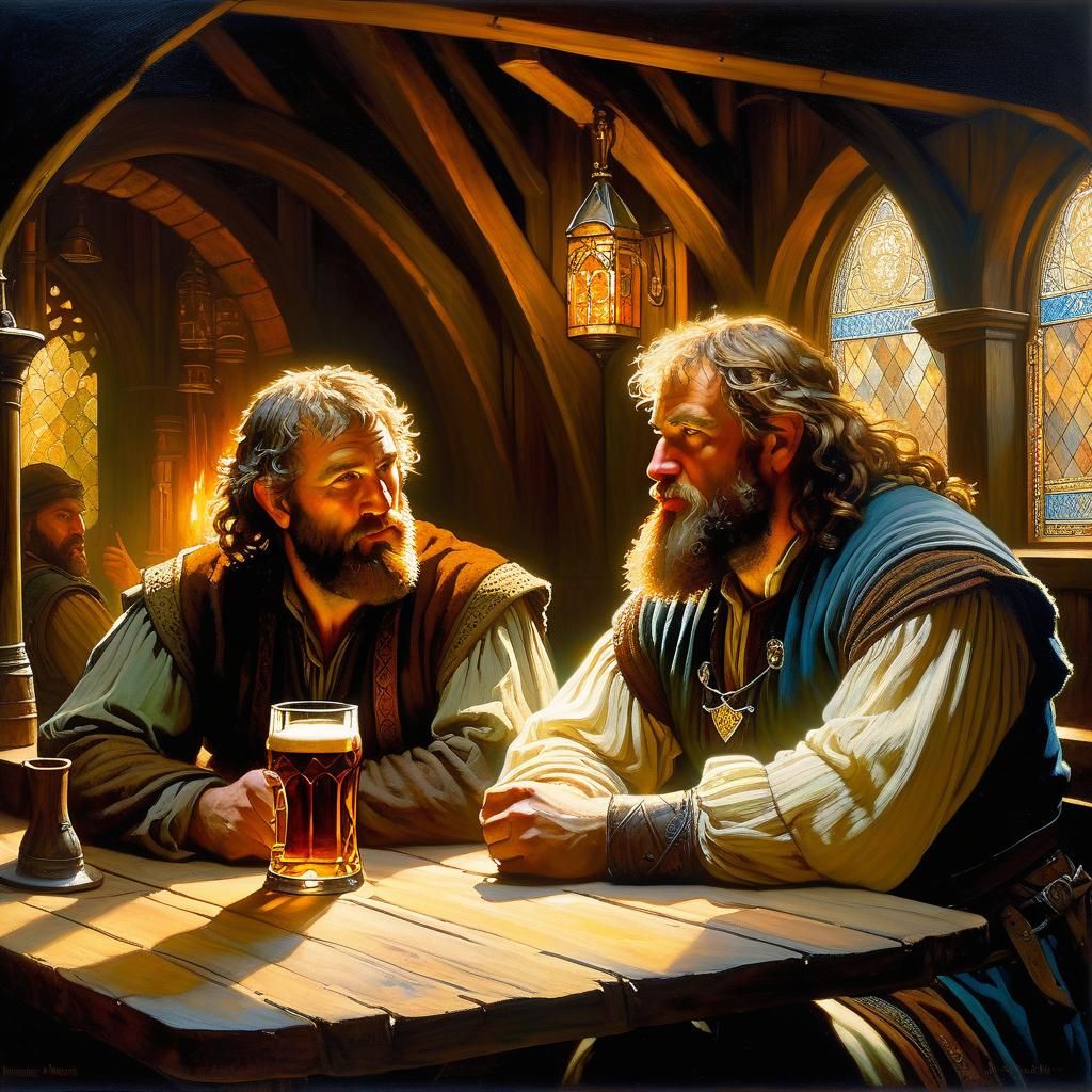 Worried Gondorian Men in Tavern, Acrylic Painting