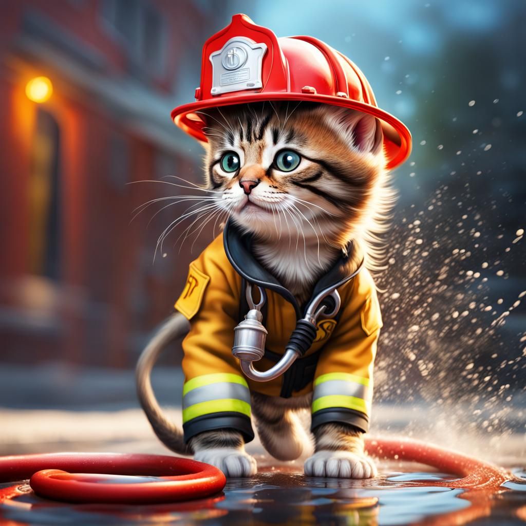 Adorable Kitten Firefighter with Water Hose in Hyperrealism