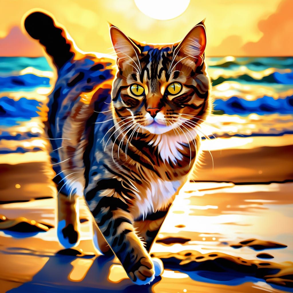 Tabby Cat's Beach Day: Whimsical Impressionism