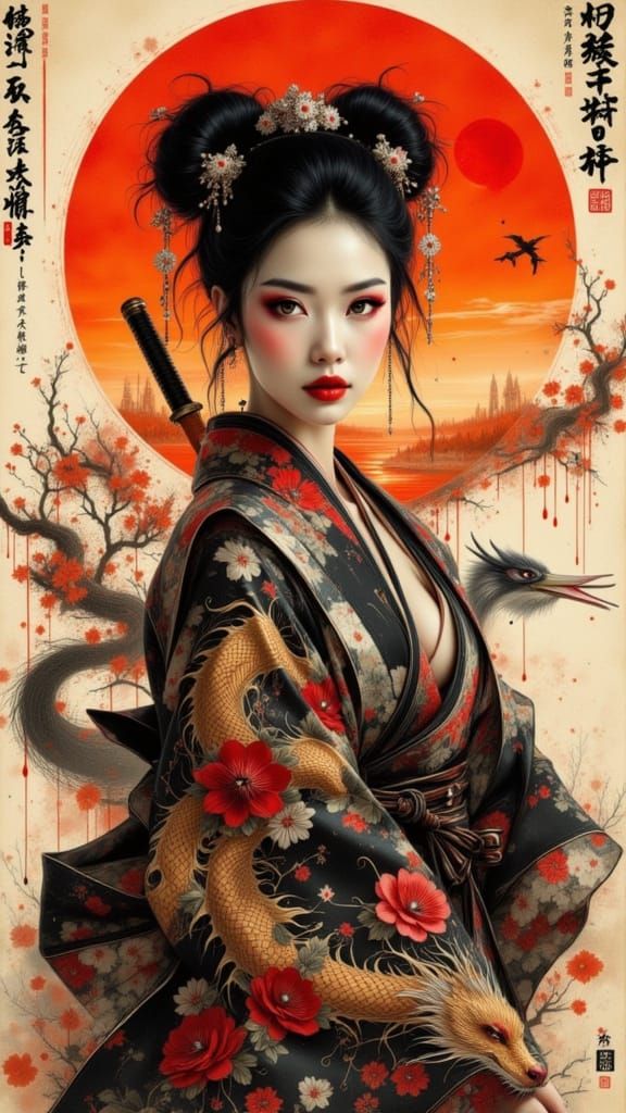 Japanese Warrior Woman in Floral Kimono