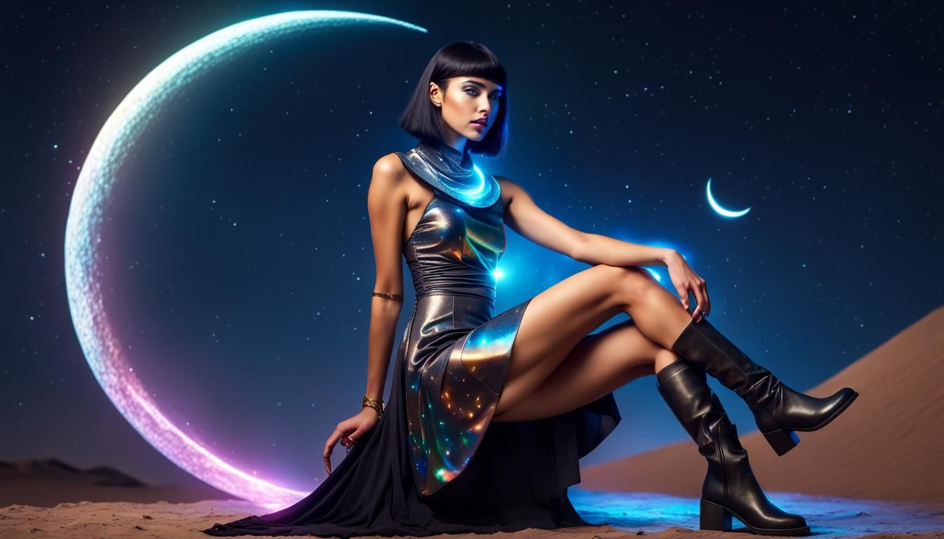 Mystical Woman on Crescent Moon in Holographic Dress
