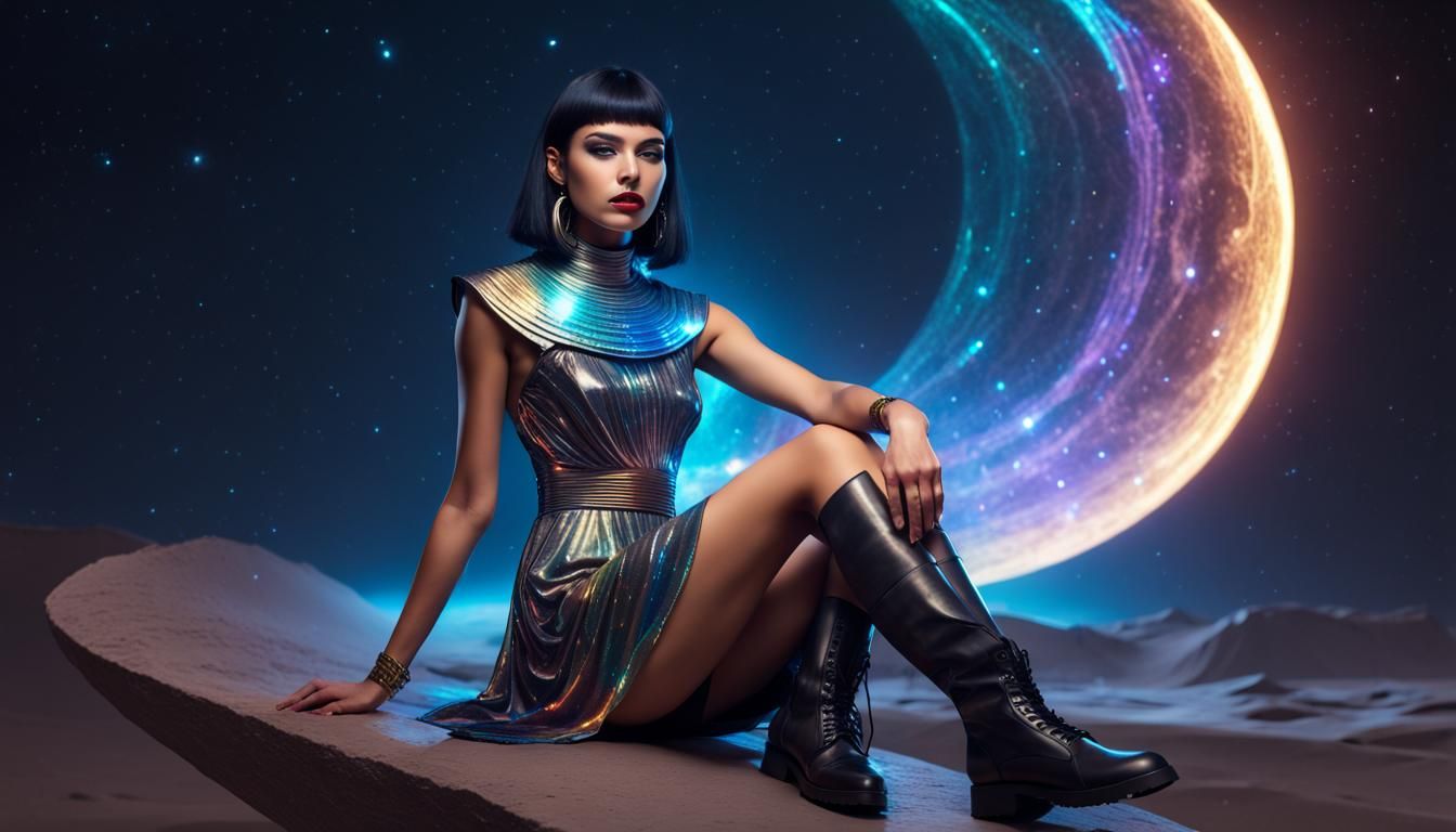Futuristic Egyptian Woman on Crescent Moon