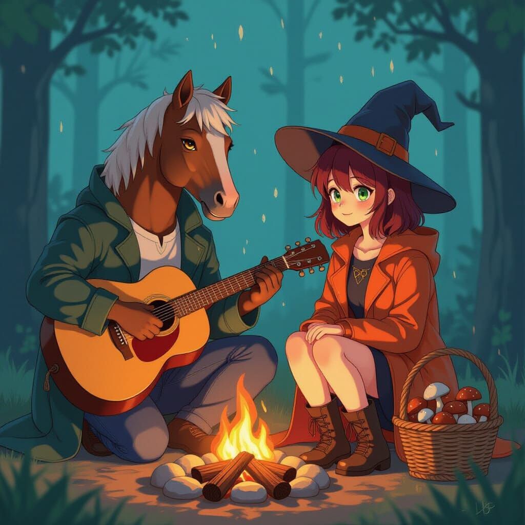Horse-Headed Man and Witch in Cel-Shaded Anime Style