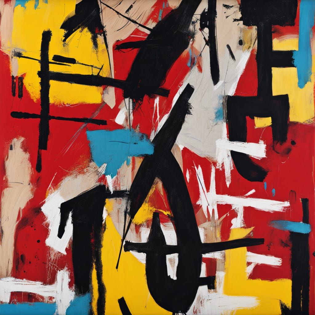 Chaotic Abstract Faces on Red Background in Expressionist St...