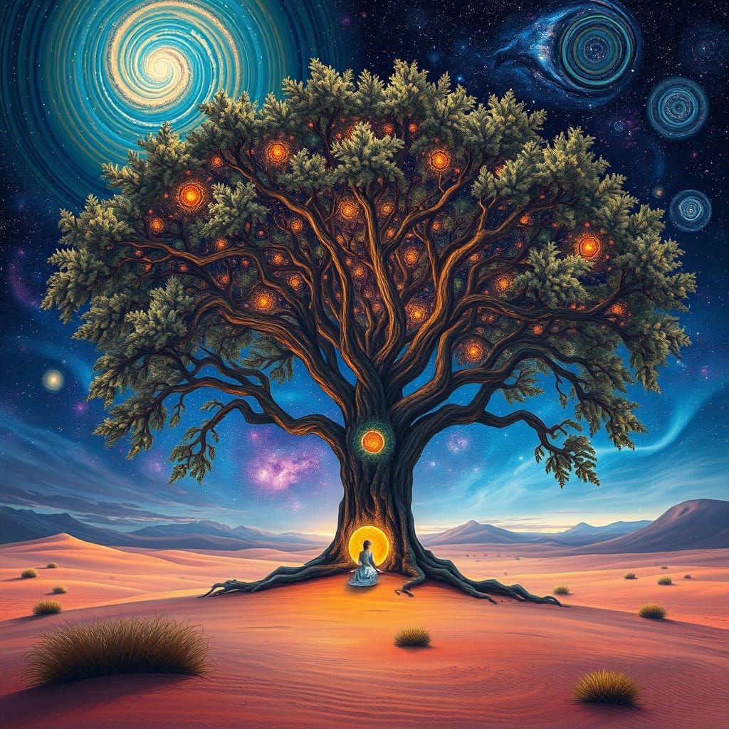 Mystical Willow Tree in Surreal Desert Galaxy Landscape