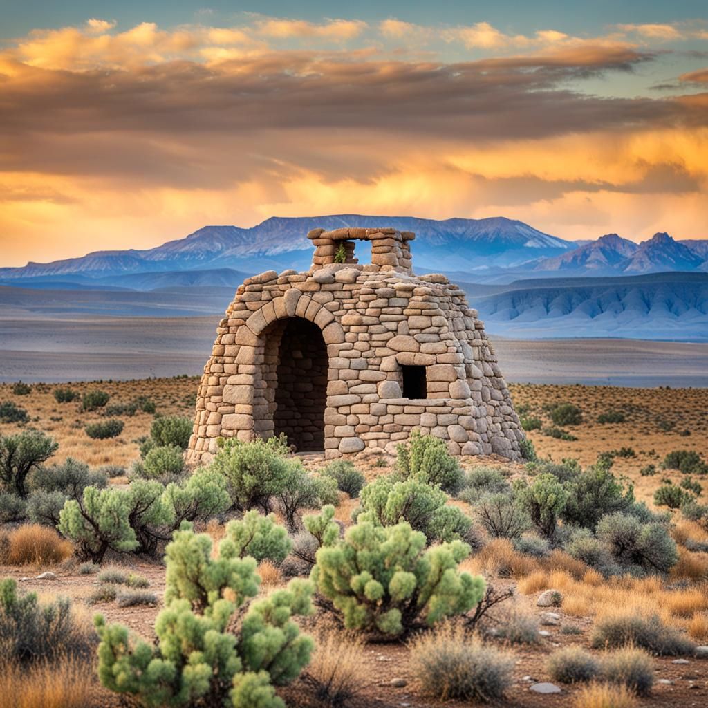 Stone Tower on Prairie Landscape with Igloo Entrance