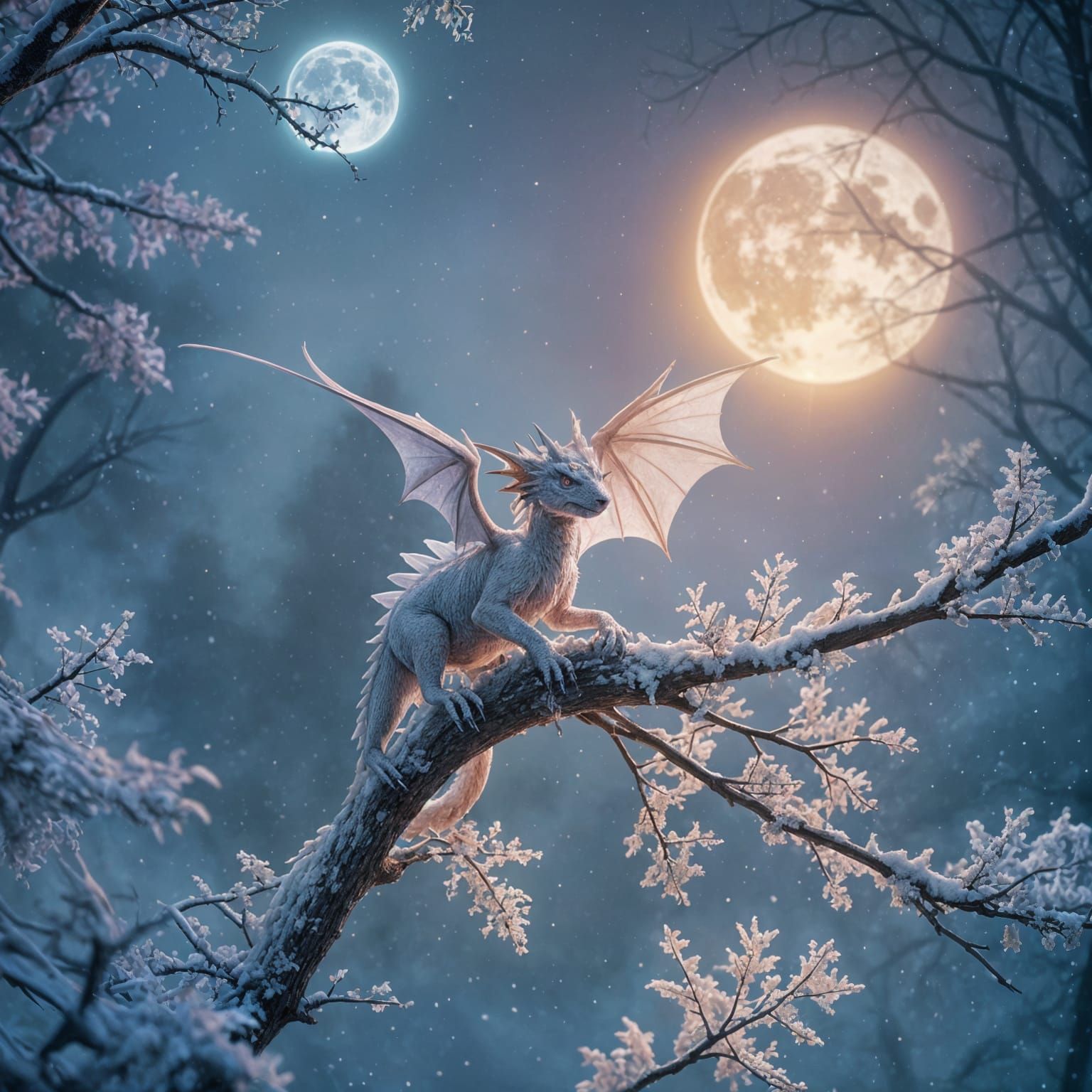 A White Dragon Sits Serenely in Snowy Woods Under Two Glowin...