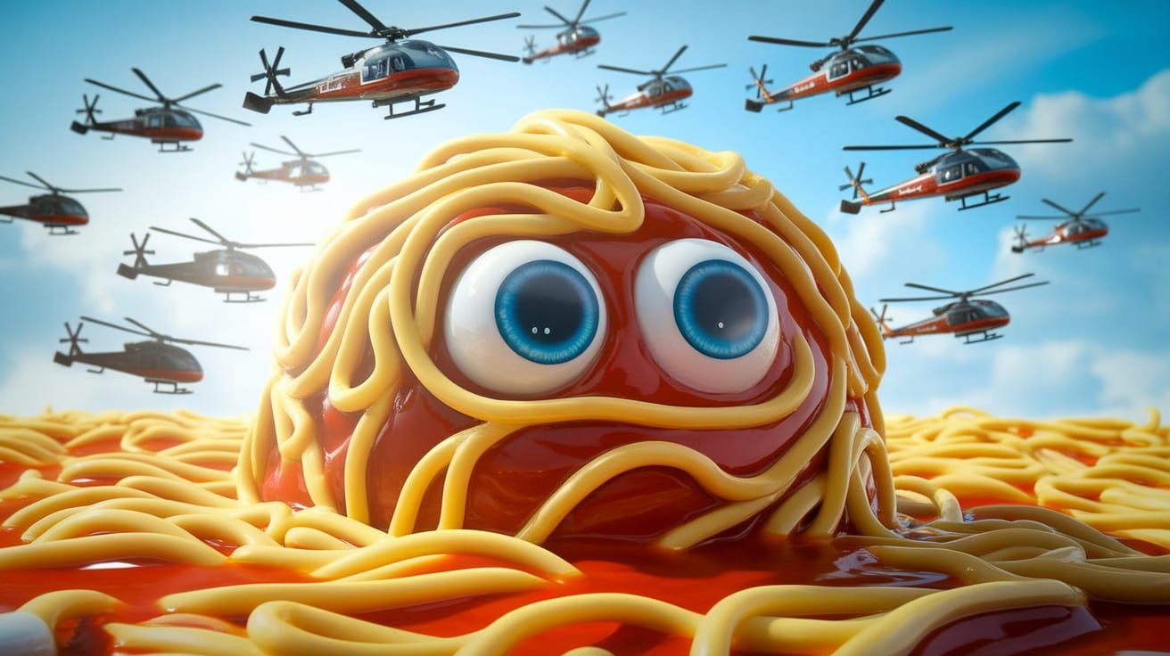 Gargantuan Meatball Face in Whimsical Red Sauce Landscape