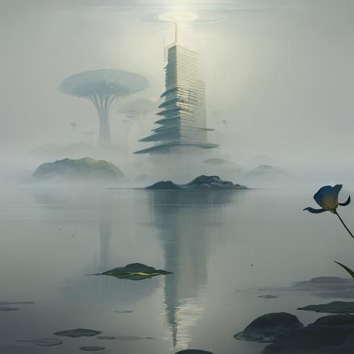 Art Nouveau Skyscraper in Dreamy Watercolor Landscape