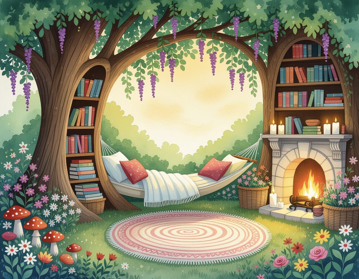 Dreamy Bedroom Treehouse Painting with Books & Candles