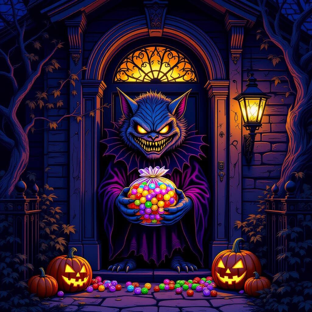 Monster Trick-or-Treating with Candy-Glas at Human Doorfront