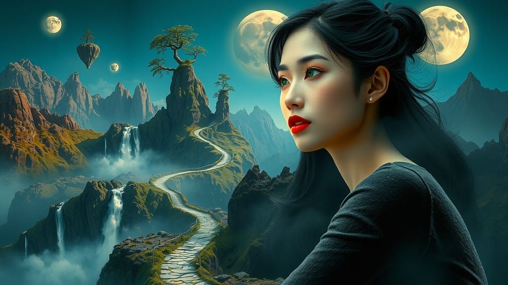 Asian Woman Emerges from Dreamscape in Mystical Realism