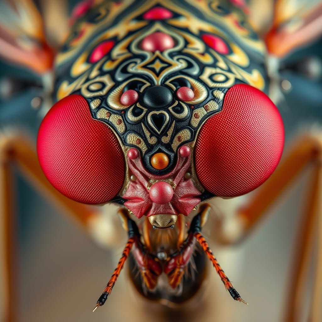 Macro Photo of Mosquito Face with Mandala Tattoos